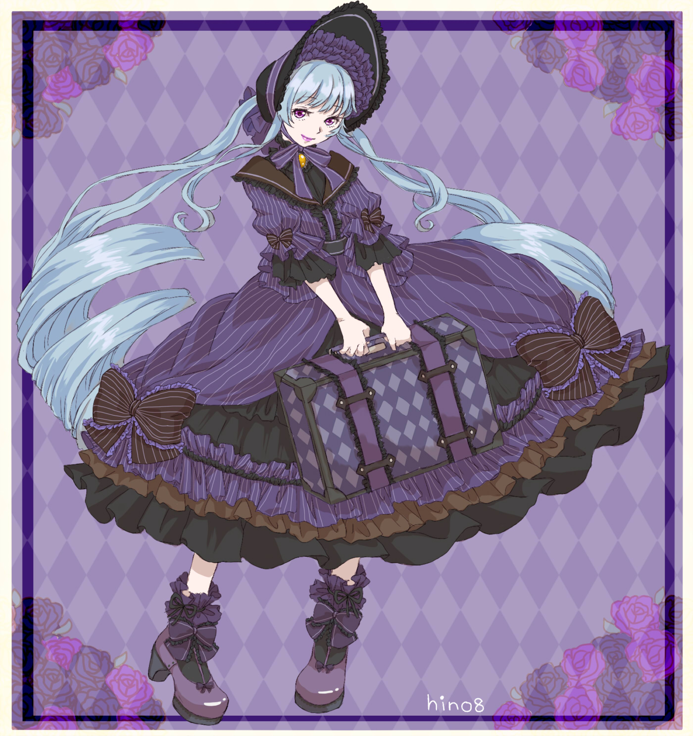 hino (8), miracle nikki, nikki (series), commentary request, highres, partial commentary, 1girl, ankle bow, ankle ribbon, argyle background, black bonnet, black bow, black ribbon, black shirt, black shoes, black socks, blue hair, bonnet, border, bow, bowtie, brooch, classic lolita, closed mouth, dress, dress bow, drill hair, eyelashes, flower, frilled bow, frilled dress, frilled headwear, frilled sleeves, frilled socks, frills, full body, grey bow, hair through headwear, happy, high heels, holding, holding suitcase, jewelry, lipstick, lolita fashion, long dress, long hair, long sleeves, maiden's romance (miracle nikki), makeup, official alternate color, outside border, picture frame, puffy long sleeves, puffy sleeves, pumps, purple background, purple bow, purple bowtie, purple dress, purple eyes, purple lips, purple shoes, red brooch, ribbon, ribbon legwear, rose, shirt, shirt under dress, shoes, signature, sleeve bow, smile, socks, solo, striped bow, striped clothes, striped dress, suitcase, three-quarter sleeves, twin drills, twintails, vertical-striped clothes, vertical-striped dress, very long hair, white border