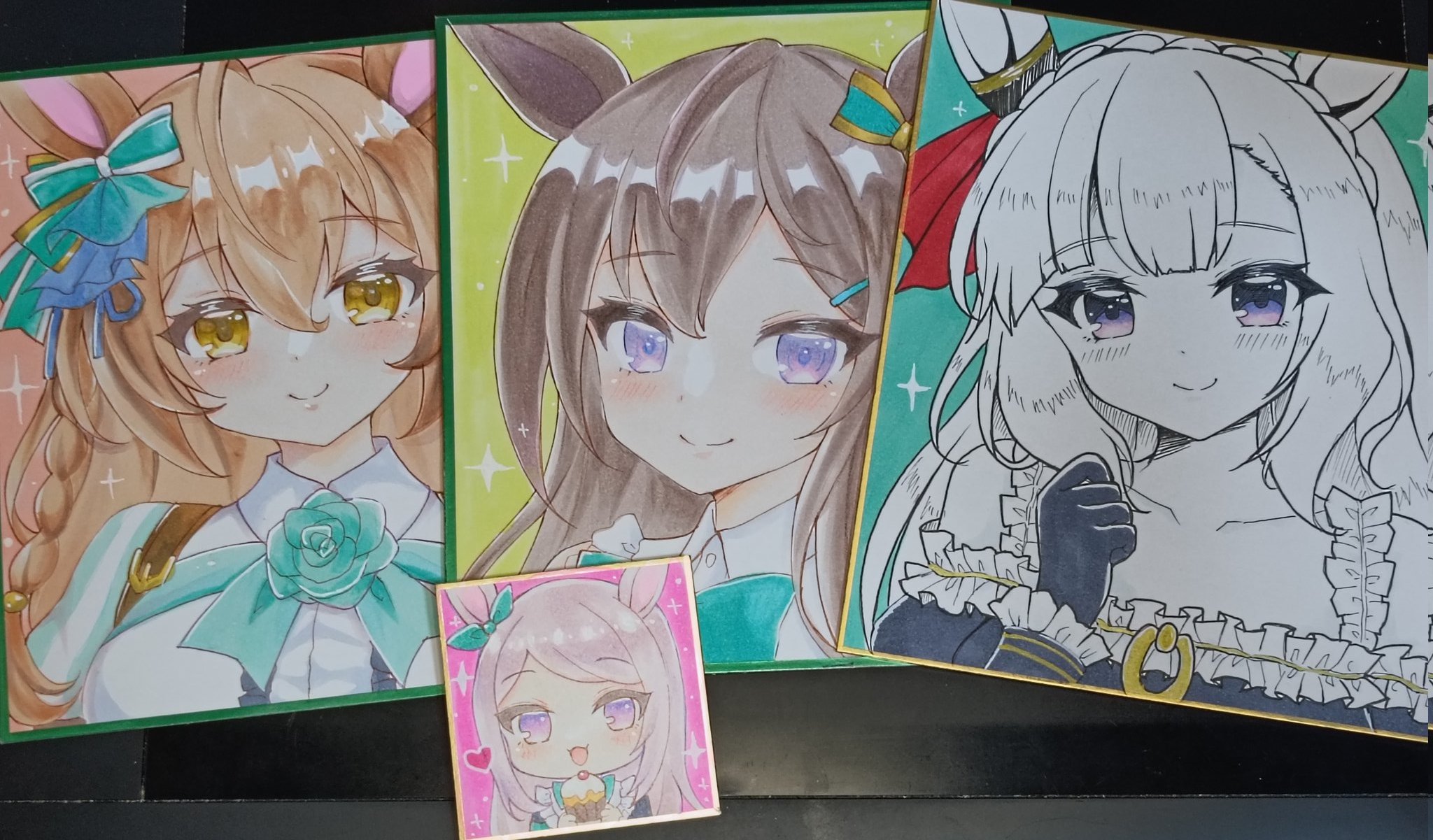 terimuku, mejiro ardan (umamusume), mejiro bright (umamusume), mejiro dober (umamusume), mejiro mcqueen (umamusume), umamusume, commentary request, highres, photo (medium), traditional media, 4girls, :d, animal ears, bare shoulders, black dress, black gloves, blue bow, blue flower, blue ribbon, blue rose, blush, bow, braid, brown eyes, brown hair, closed mouth, collared shirt, crown braid, dress, dress shirt, ear bow, ear ribbon, flower, frilled dress, frilled sleeves, frills, gloves, hair between eyes, hair ornament, hairclip, horse ears, long sleeves, multiple girls, off-shoulder dress, off shoulder, open mouth, purple eyes, purple hair, ribbon, rose, shikishi, shirt, smile, swept bangs, white shirt
