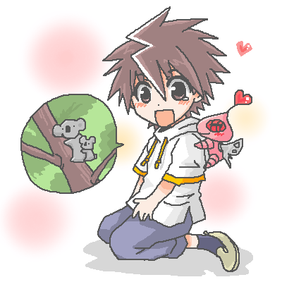 mutou kazuki, busou renkin, character request, lowres, tagme, 00s, 1boy, beige footwear, blush, brown eyes, brown hair, child, creature, creature on shoulder, dot nose, full body, happy, heart, hood, hood down, hoodie, koala, on shoulder, simple background, sitting, smile, socks, speech bubble, spiked hair, spoken animal, wariza