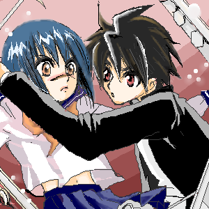 mutou kazuki, tsumura tokiko, busou renkin, lowres, 00s, blue hair, brown hair, red eyes, scar, school uniform, serafuku, valkyrie skirt, yellow eyes
