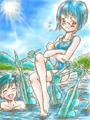 mutou kazuki, tsumura tokiko, busou renkin, lowres, 00s, blue hair, blush, scar, swimsuit, valkyrie skirt