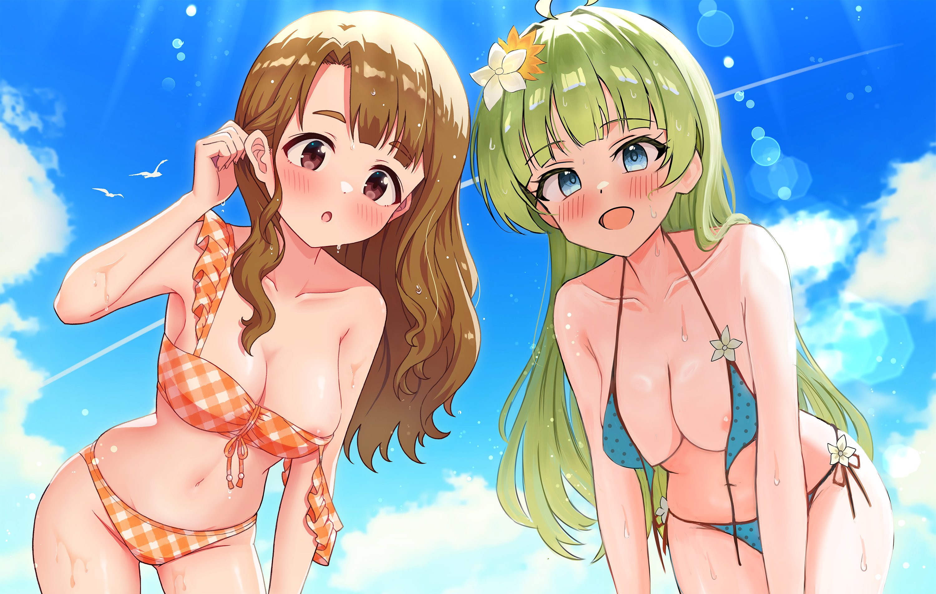 floris (saber13), sizmaru11, miyao miya, shimabara elena, idolmaster, idolmaster million live!, idolmaster million live! theater days, artist collaboration, highres, 2girls, :o, ahoge, areola slip, bikini, bird, blue bikini, blue eyes, blue sky, blunt bangs, blush, breasts, brown eyes, brown hair, cleasky (idolmaster), cleavage, cloud, collarbone, contrail, cowboy shot, day, flower, frilled bikini, frilled straps, frills, front-tie bikini top, front-tie top, gingham bikini, green hair, hair flower, hair ornament, leaning forward, long hair, looking at viewer, medium breasts, multiple girls, open clothes, open mouth, orange bikini, outdoors, seagull, sky, smile, standing, strap slip, swimsuit, untied bikini, untied bikini top, wavy hair, wet