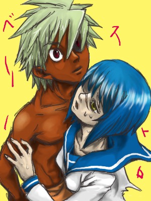 mutou kazuki, tsumura tokiko, busou renkin, lowres, translated, 00s, 1boy, 1girl, blue hair, dark-skinned male, dark skin, green hair, hug, looking at another, looking up, scar, school uniform, serafuku, simple background, upper body, yellow background, yellow eyes