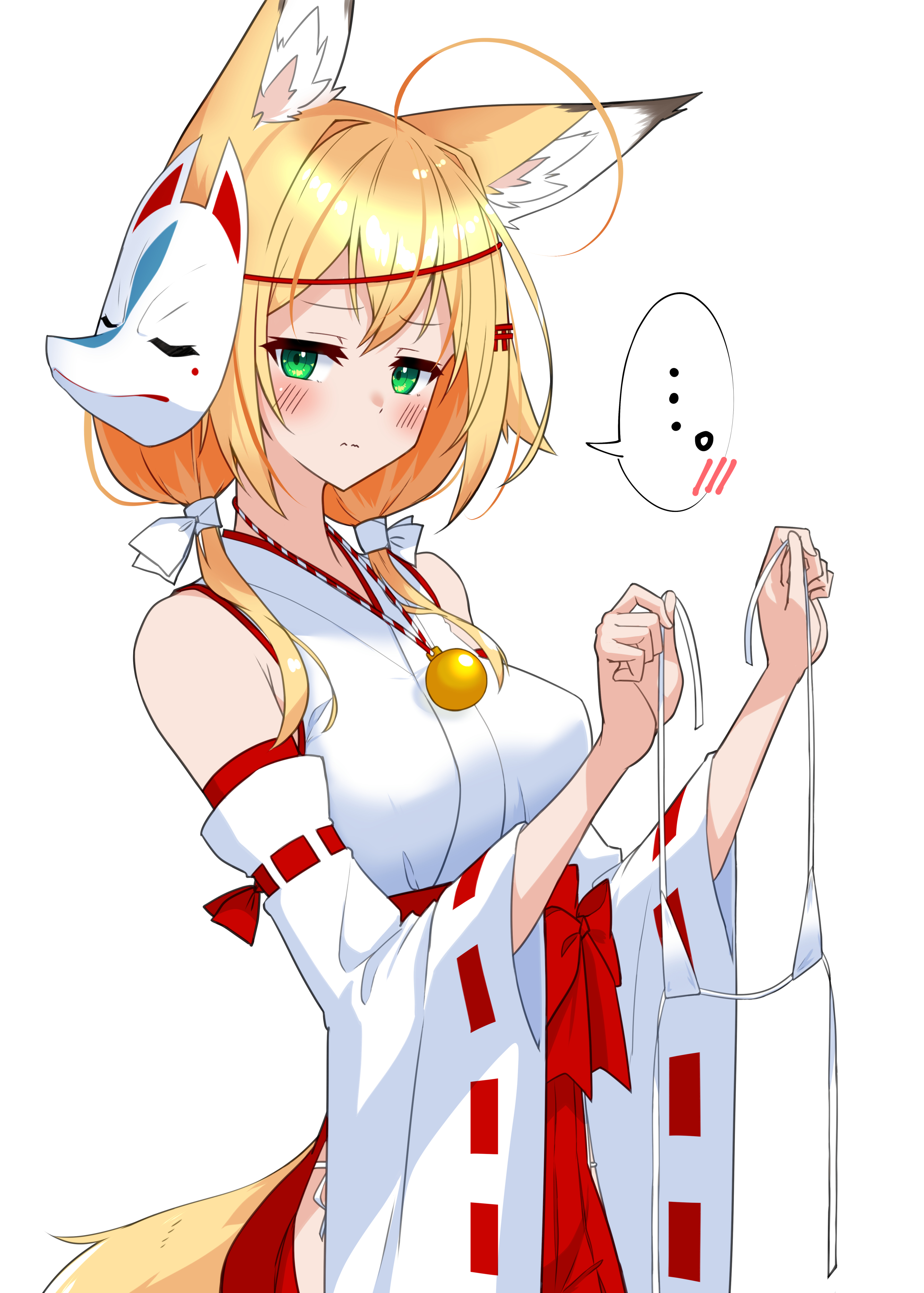 shiba (zudha), original, absurdres, commentary request, highres, …, 1girl, animal ears, bare shoulders, bikini, blonde hair, blush, breasts, detached sleeves, embarrassed, fox ears, fox girl, fox mask, fox tail, from side, frown, green eyes, hair ornament, hair ribbon, hairclip, hakama, hakama skirt, hands up, holding, holding swimsuit, holding unworn clothes, japanese clothes, looking at viewer, mask, mask on head, medium breasts, medium hair, micro bikini, miko, pleated skirt, red ribbon, red skirt, ribbon, ribbon-trimmed sleeves, ribbon trim, skirt, solo, swimsuit, tail, unworn swimsuit, upper body, white ribbon, wide sleeves
