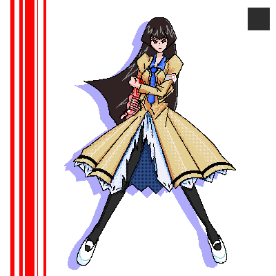 hayasaka ouka, busou renkin, blue neckwear, white footwear, aliasing, lowres, 00s, 1girl, angel gozen (weapon), black hair, facing viewer, female focus, full body, long hair, school uniform, simple background, solo, standing, striped background, white background