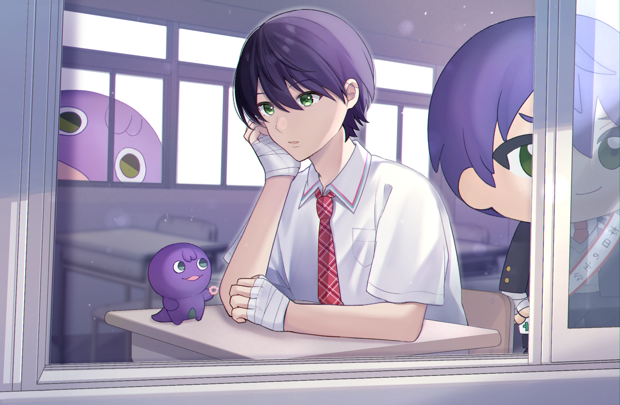 minami saki, kenmochi touya, kenmochi touya (1st costume), nijisanji, commentary request, highres, >:), bandaged hand, bandages, black jacket, black pants, blazer, chair, closed mouth, collared shirt, desk, from outside, green eyes, grey sweater, hair between eyes, jacket, male focus, necktie, on chair, pants, parted lips, plaid clothes, plaid necktie, purple hair, red necktie, sash, school chair, school desk, school uniform, shirt, short sleeves, shoulder sash, smile, sweater, thick eyebrows, v-shaped eyebrows, virtual youtuber, white shirt, window