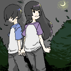 hayasaka ouka, hayasaka shusui, busou renkin, aliasing, lowres, tagme, 00s, 1boy, 1girl, aged down, black hair, blue sleeves, child, crescent moon, feet out of frame, hair over eyes, holding hands, interlocked fingers, long hair, looking to the side, moon, night, night sky, outdoors, pants, purple sleeves, raglan sleeves, short hair, siblings, sky, standing, twins