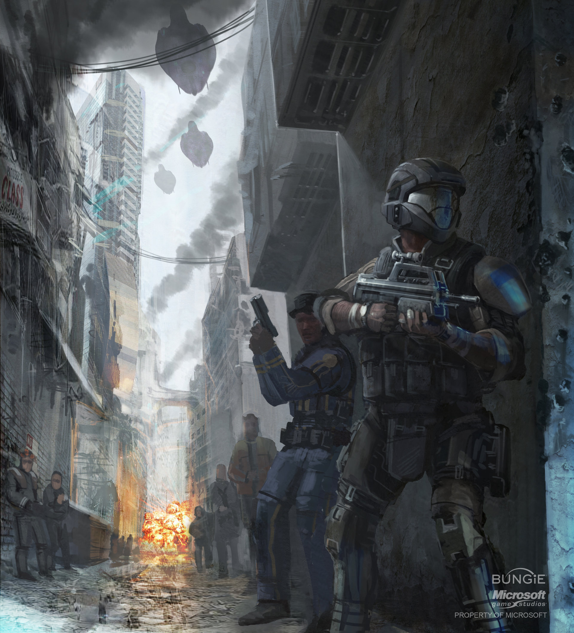 isaac hannaford, odst, phantom (halo), halo (series), highres, official art, promotional art, battle rifle, br55, bullpup, explosion, gun, holding, holding weapon, military, military operator, military uniform, rifle, science fiction, weapon