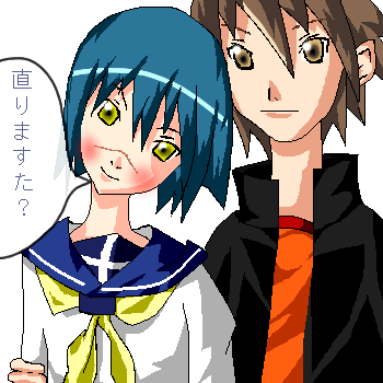 mutou kazuki, tsumura tokiko, busou renkin, lowres, 00s, blue hair, brown eyes, brown hair, scar, school uniform, serafuku, yellow eyes