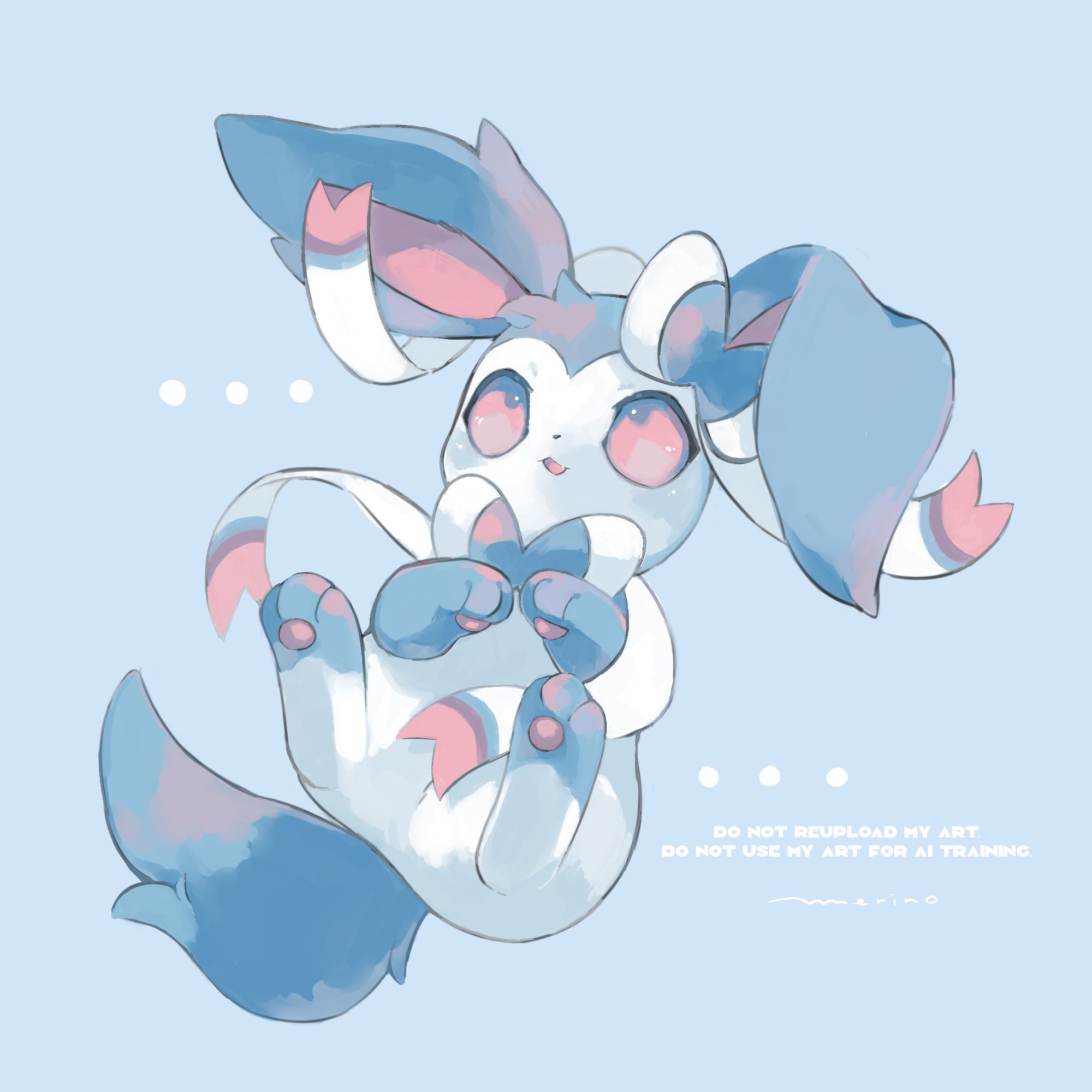 merino (merino 9999), sylveon, nintendo, pokemon, highres, alternate color, blue background, full body, gen 6 pokemon, looking up, no humans, pink eyes, pokemon (creature), pokemon focus, shiny pokemon, simple background, smile, solo
