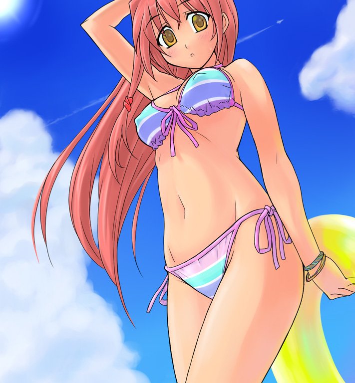 itoji, original, jet, 1girl, :o, aircraft, airplane, bikini, blush, bracelet, breasts, cloud, contrail, covered erect nipples, day, female focus, front-tie top, innertube, jewelry, long hair, looking at viewer, medium breasts, multicolored stripes, pink hair, side-tie bikini bottom, sky, solo, striped bikini, striped clothes, swim ring, swimsuit, yellow eyes