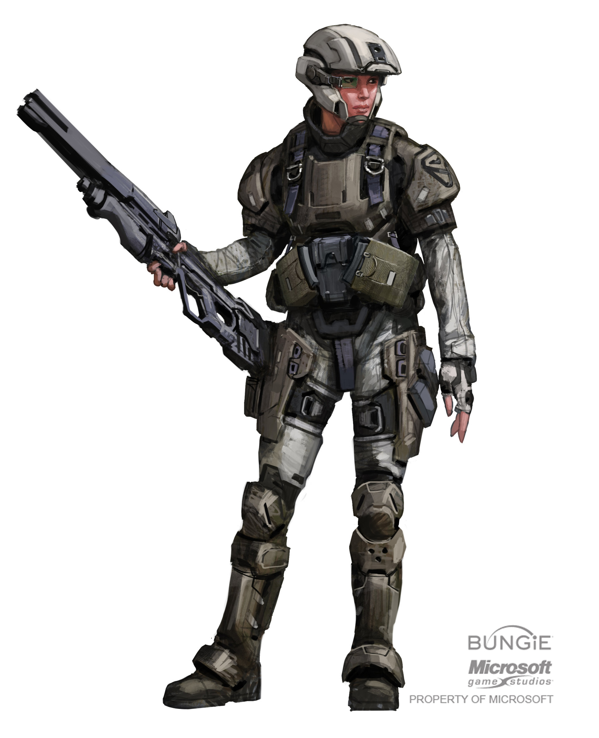 isaac hannaford, marine (halo), halo (series), highres, official art, 1girl, body armor, bulletproof vest, bungie, combat helmet, helmet, military, military combat uniform, military operator, military uniform, white background