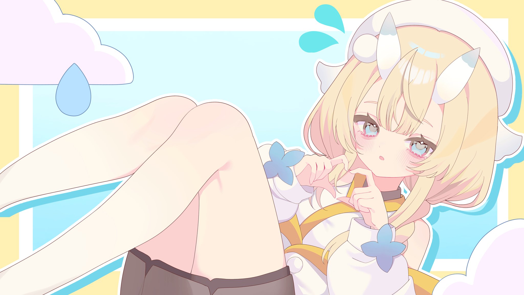 kadou mikaru, nijisanji, highres, 1girl, bare shoulders, black skirt, blonde hair, blue background, blue eyes, blue horns, blush, border, braid, drop shadow, feet out of frame, flying sweatdrops, four-finger heart hands, gradient background, hair ornament, hair over shoulder, hakama, hakama skirt, hat, heart, heart hands, horns, jacket, japanese clothes, kimono, knees up, long sleeves, looking at viewer, low twin braids, mikurosanka, miniskirt, multicolored horns, off-shoulder jacket, off shoulder, outline, outside border, parted lips, pom pom (clothes), pom pom hair ornament, puffy long sleeves, puffy sleeves, see-through clothes, sidelocks, skirt, solo, twin braids, two-tone horns, virtual youtuber, white hat, white horns, white jacket, white kimono, white outline, yellow border, yellow trim