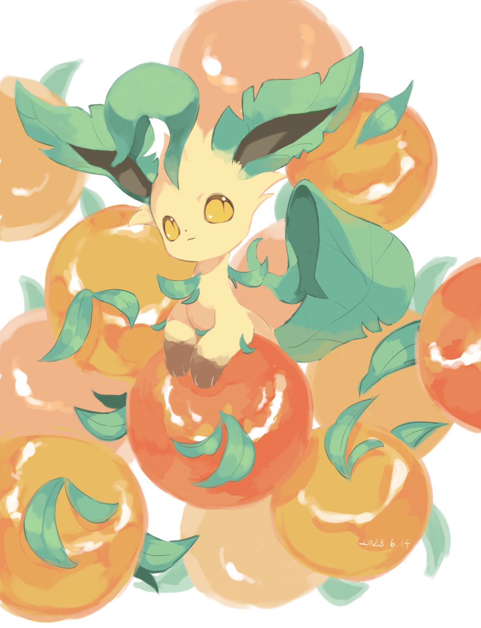 merino (merino 9999), leafeon, nintendo, pokemon, commentary, highres, symbol-only commentary, brown eyes, food, fruit, gen 4 pokemon, no humans, orange (fruit), pokemon (creature), pokemon focus, simple background, smile, solo, white background