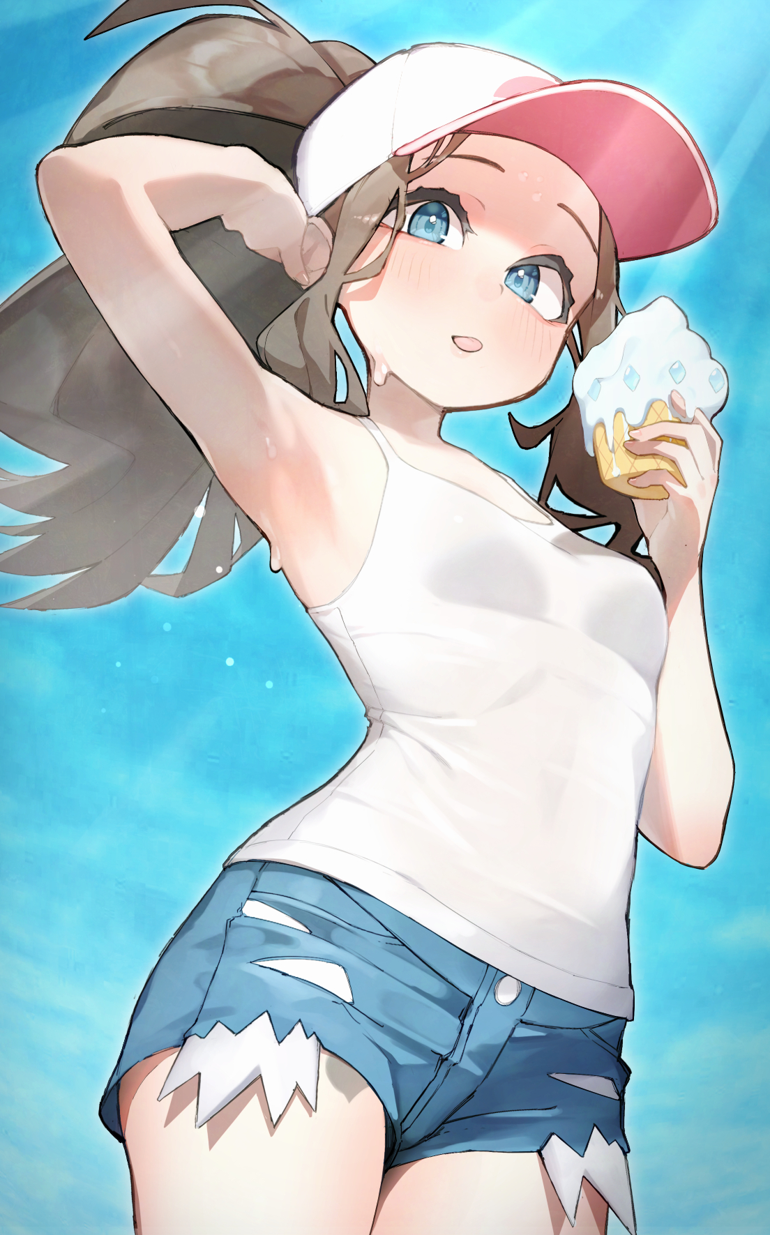 rindoriko, hilda (pokemon), nintendo, pokemon, pokemon bw, highres, 1girl, arm up, armpits, bare shoulders, baseball cap, blue eyes, blush, breasts, brown hair, casteliacone, cutoffs, denim, denim shorts, exposed pocket, food, hat, high ponytail, holding, holding food, holding ice cream, ice cream, ice cream cone, long hair, looking at viewer, ponytail, shirt, short shorts, shorts, sidelocks, solo, sweat, sweatdrop, tank top, tongue, tongue out, white shirt, white tank top