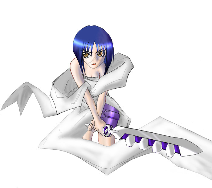 tsumura tokiko, busou renkin, 00s, blue hair, scar, valkyrie skirt, yellow eyes