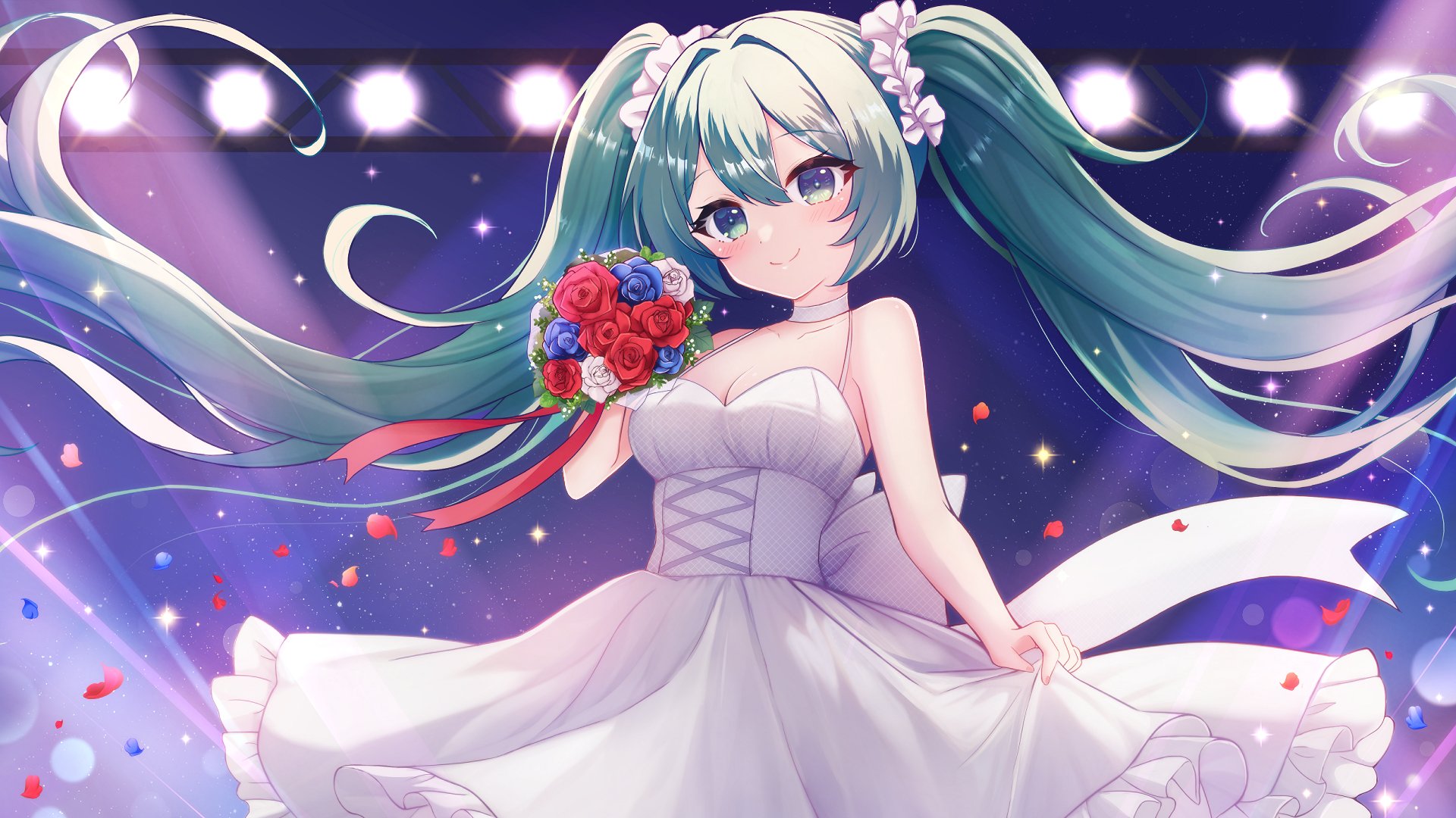 terimuku, hatsune miku, vocaloid, commentary request, highres, 1girl, bare arms, bare shoulders, blue flower, blue rose, blush, bouquet, breasts, cleavage, closed mouth, dress, flower, frilled dress, frills, green eyes, green hair, hair between eyes, long hair, looking at viewer, medium breasts, petals, red flower, red rose, rose, skirt hold, sleeveless, sleeveless dress, smile, solo, twintails, very long hair, white dress, white flower, white rose