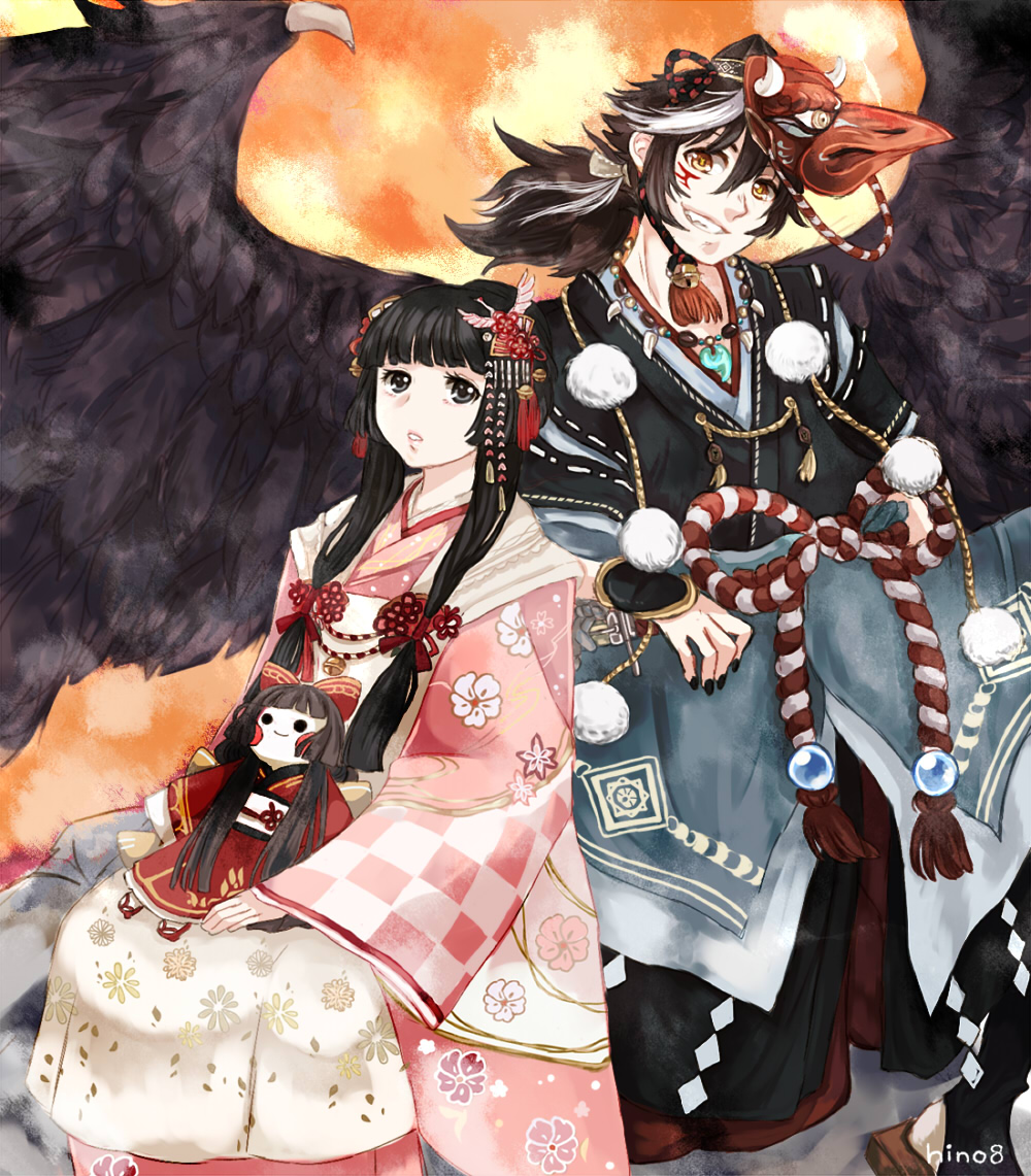 hino (8), miracle nikki, nikki (series), commentary, 1boy, 1girl, apron, bell, bird, bird hair ornament, bird mask, bird wings, black hair, black hakama, black hat, black kimono, black nails, black socks, black wings, blunt bangs, bow, bracer, brown hair, brown sandals, checkered sleeves, cherry blossom print, cloud, crane (animal), doll, eyelashes, fang, feathered wings, feet out of frame, floral print, geta, grey eyes, grin, hair between eyes, hair bow, hair ornament, hakama, hakama pants, hat, holding, holding doll, japanese clothes, kimono, long hair, long sidelocks, long sleeves, looking at another, low-tied sidelocks, low ponytail, marking on cheek, mask, mask on head, multicolored hair, nail polish, neck bell, neck tassel, on rock, orange sky, outdoors, pants, parted lips, pink kimono, pointy nose, ponytail, red bow, red mask, sandals, sidelocks, sitting, sky, sleeves past wrists, smile, socks, spread wings, standing, stirrup legwear, streaked hair, sunset, tassel, tassel hair ornament, tengu, tengu (miracle nikki), toeless legwear, tokin hat, very long hair, white apron, wide sleeves, wings, yellow eyes, yukata, zashiki (miracle nikki)