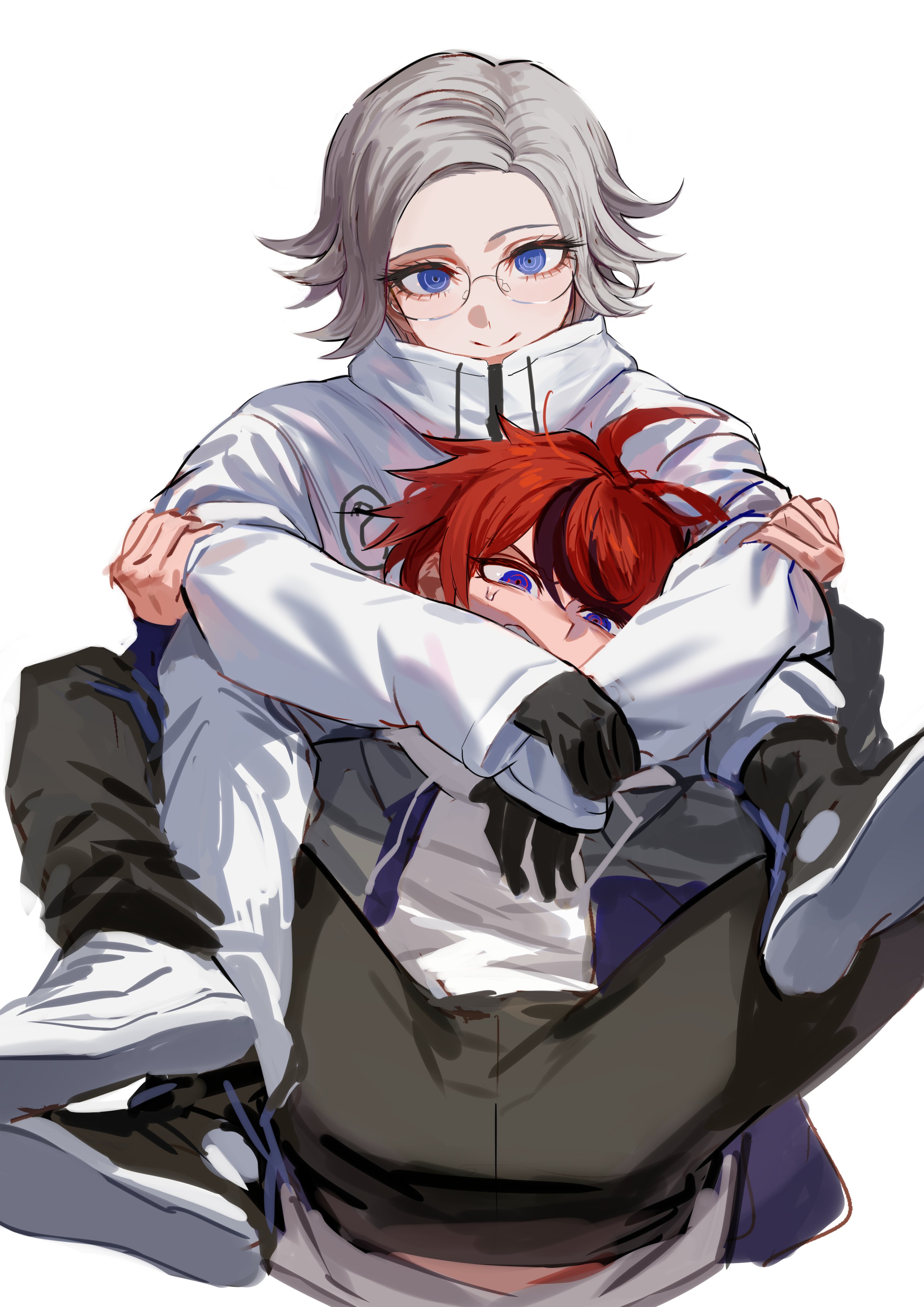 fug uai, aotsuki eito, sumino takumi, the hundred line -last defense academy-, absurdres, highres, 2boys, ahoge, black gloves, black pants, black shoes, black streaks, blue eyes, blue jacket, glasses, gloves, grey hair, grey jacket, hands on another's arms, hood, hoodie, jacket, looking at viewer, male focus, multicolored hair, multicolored jacket, multiple boys, open clothes, open jacket, pants, red hair, shoes, short hair, simple background, sitting, smile, straddling, streaked hair, sweatdrop, two-tone jacket, upright straddle, white background, white hoodie, white jacket, white pants, white shoes