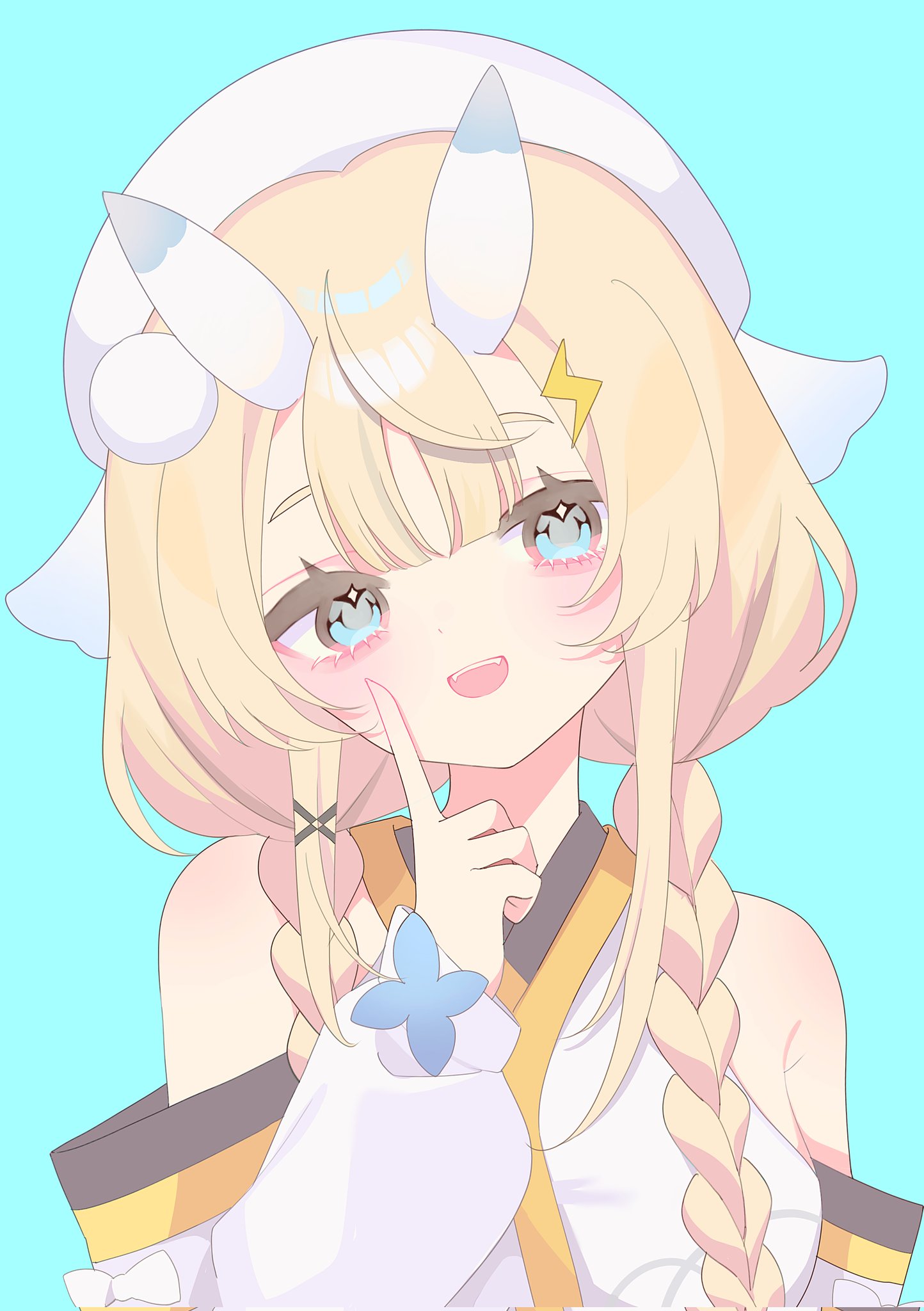 kadou mikaru, nijisanji, highres, 1girl, :d, bare shoulders, blonde hair, blue background, blue eyes, blue horns, blush, bow, braid, breasts, detached sleeves, fangs, finger to cheek, hair ornament, hair over breasts, hair over shoulder, hat, head tilt, horns, japanese clothes, kimono, large breasts, lightning bolt, lightning bolt hair ornament, lightning bolt symbol, looking at viewer, low twin braids, mikurosanka, multicolored horns, open mouth, pom pom (clothes), pom pom hair ornament, portrait, sidelocks, simple background, smile, solo, twin braids, two-tone horns, virtual youtuber, white bow, white hat, white horns, white kimono, x hair ornament