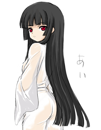aoyama reo, enma ai, jigoku shoujo, lowres, translated, 00s, 1girl, ass, black hair, blunt bangs, character name, female focus, flat chest, hime cut, long hair, looking back, red eyes, robe, see-through clothes, simple background, solo, very long hair