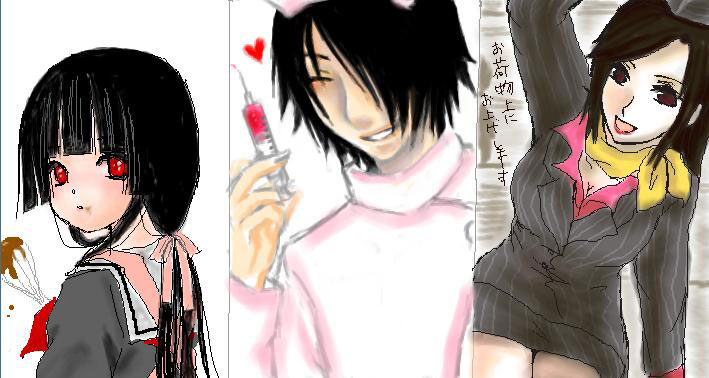 enma ai, hone onna, ichimoku ren, jigoku shoujo, 00s, black hair, brown eyes, red eyes, school uniform, serafuku