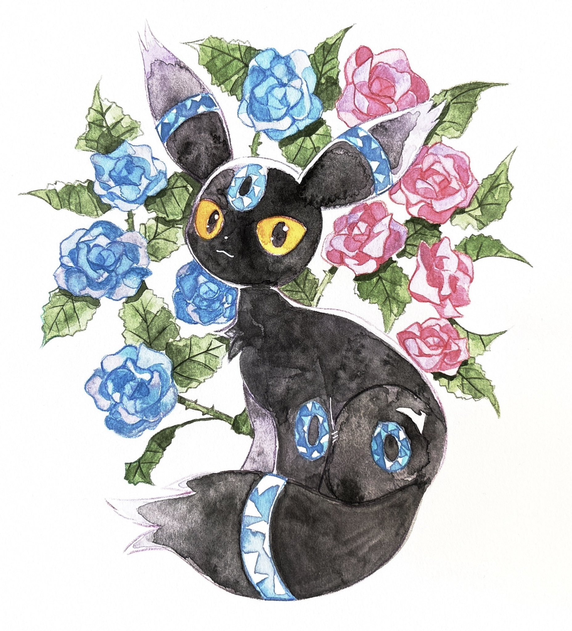 merino (merino 9999), umbreon, nintendo, pokemon, highres, painting (medium), traditional media, alternate color, black eyes, blue flower, closed mouth, colored sclera, flower, gen 2 pokemon, looking at viewer, no humans, pink flower, pokemon (creature), pokemon focus, shiny pokemon, sitting, smile, white background, yellow sclera