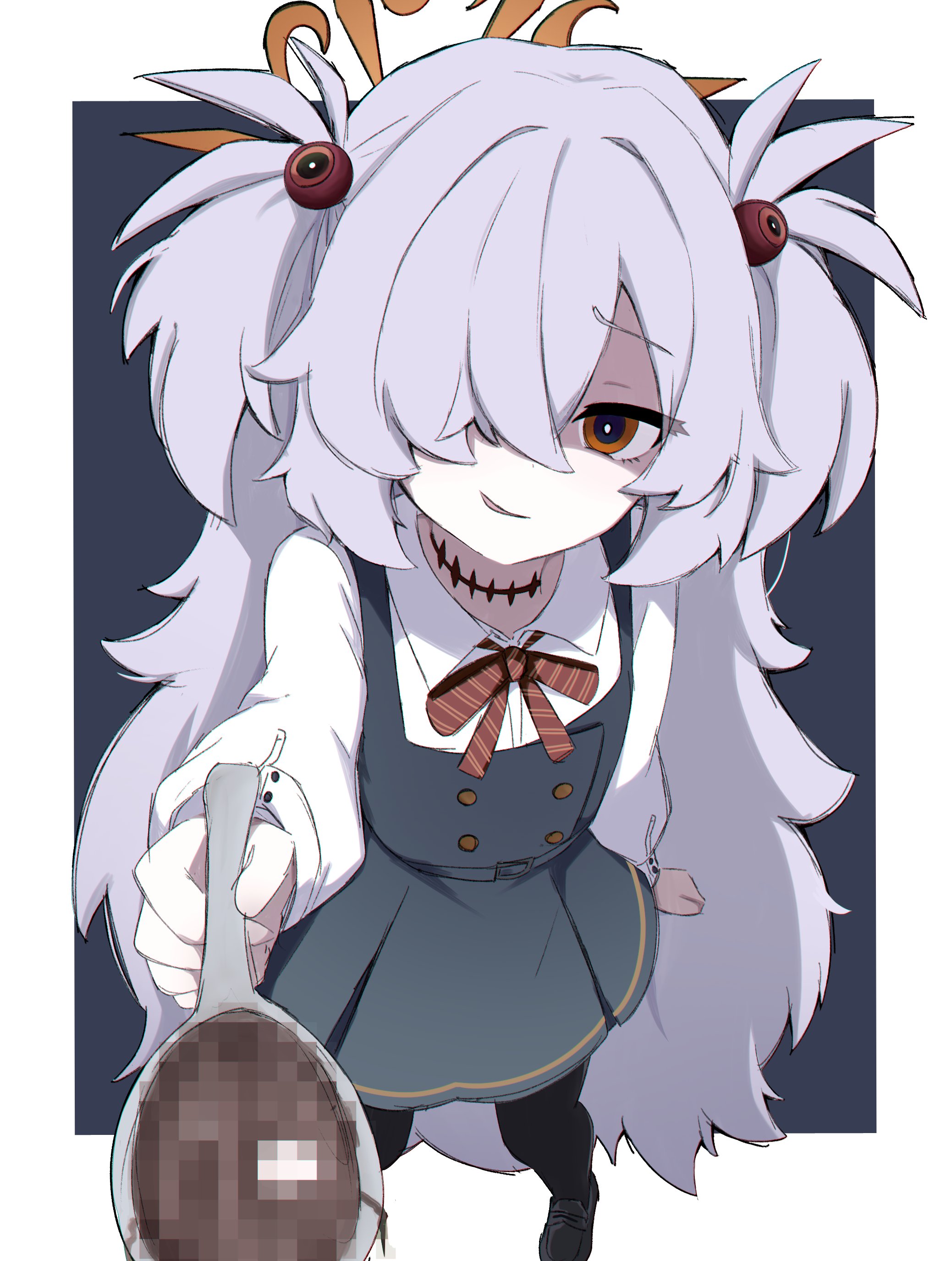 noiriririri, kanoe (blue archive), blue archive, absurdres, highres, 1girl, arm at side, bad food, black background, black dress, black pantyhose, border, buttons, censored, censored food, collared shirt, diagonal-striped ribbon, double-breasted, dress, flat chest, grey hair, hair over one eye, halo, holding, holding spoon, incoming food, long bangs, long hair, long sleeves, looking at viewer, mary janes, messy hair, mosaic censoring, orange eyes, orange halo, outside border, outstretched arm, pale skin, pantyhose, parted bangs, partially shaded face, pinafore dress, puffy long sleeves, puffy sleeves, red ribbon, ribbon, scar, scar on neck, shirt, shoes, short twintails, sidelocks, sleeve cuffs, sleeveless, sleeveless dress, smirk, solo, sphere hair ornament, spoon, twintails, very long hair, white border, white shirt