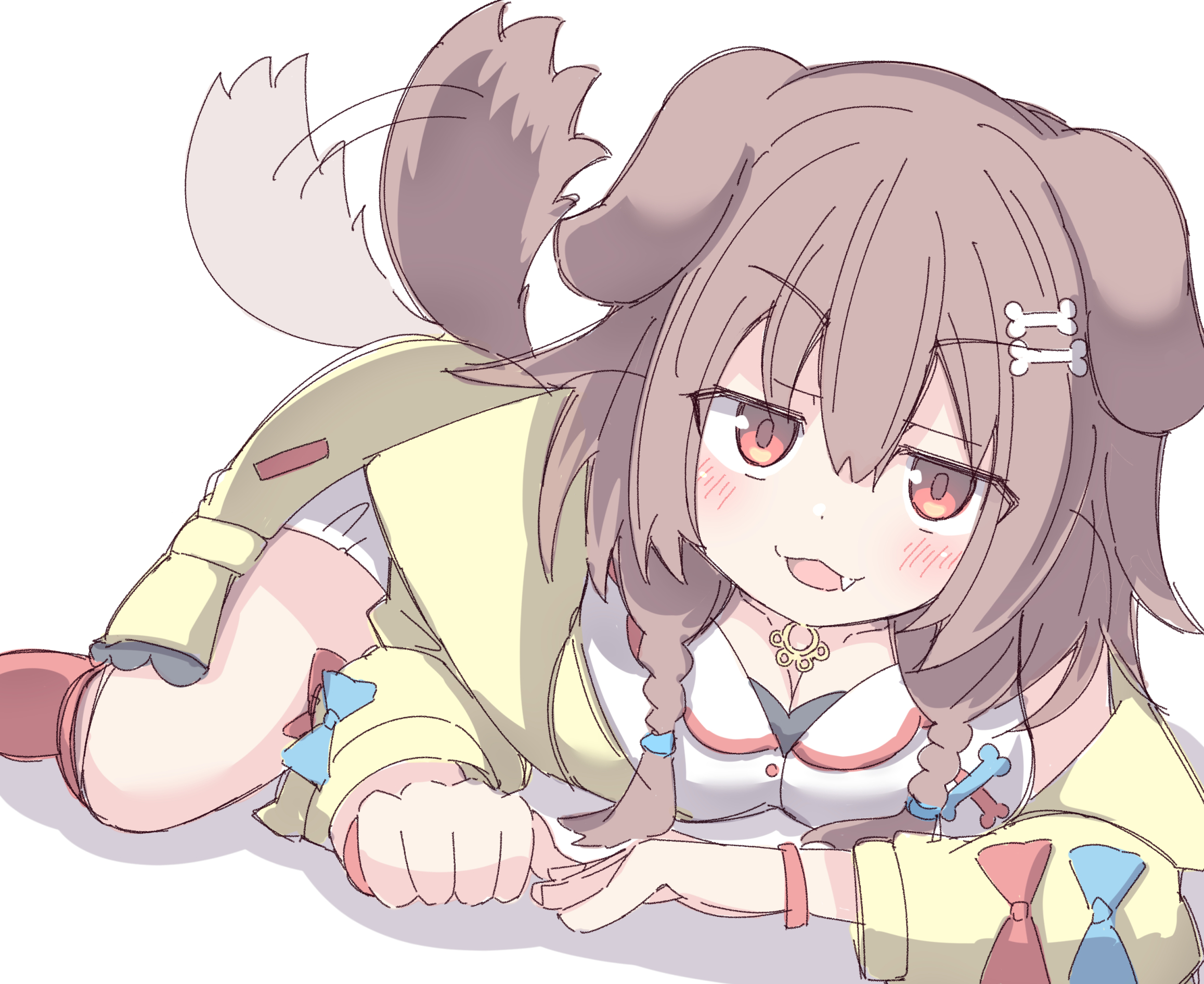 umberblack, inugami korone, inugami korone (1st costume), hololive, commentary request, highres, 1girl, :d, animal ears, blue bow, blush, bow, braid, breasts, brown hair, cleavage, collarbone, dog ears, dog girl, dog tail, dress, fang, hair between eyes, jacket, long sleeves, looking at viewer, low twintails, medium breasts, open clothes, open jacket, open mouth, puffy long sleeves, puffy sleeves, red bow, red eyes, red socks, shadow, simple background, smile, socks, solo, tail, tail wagging, twin braids, twintails, virtual youtuber, white background, white dress, yellow jacket