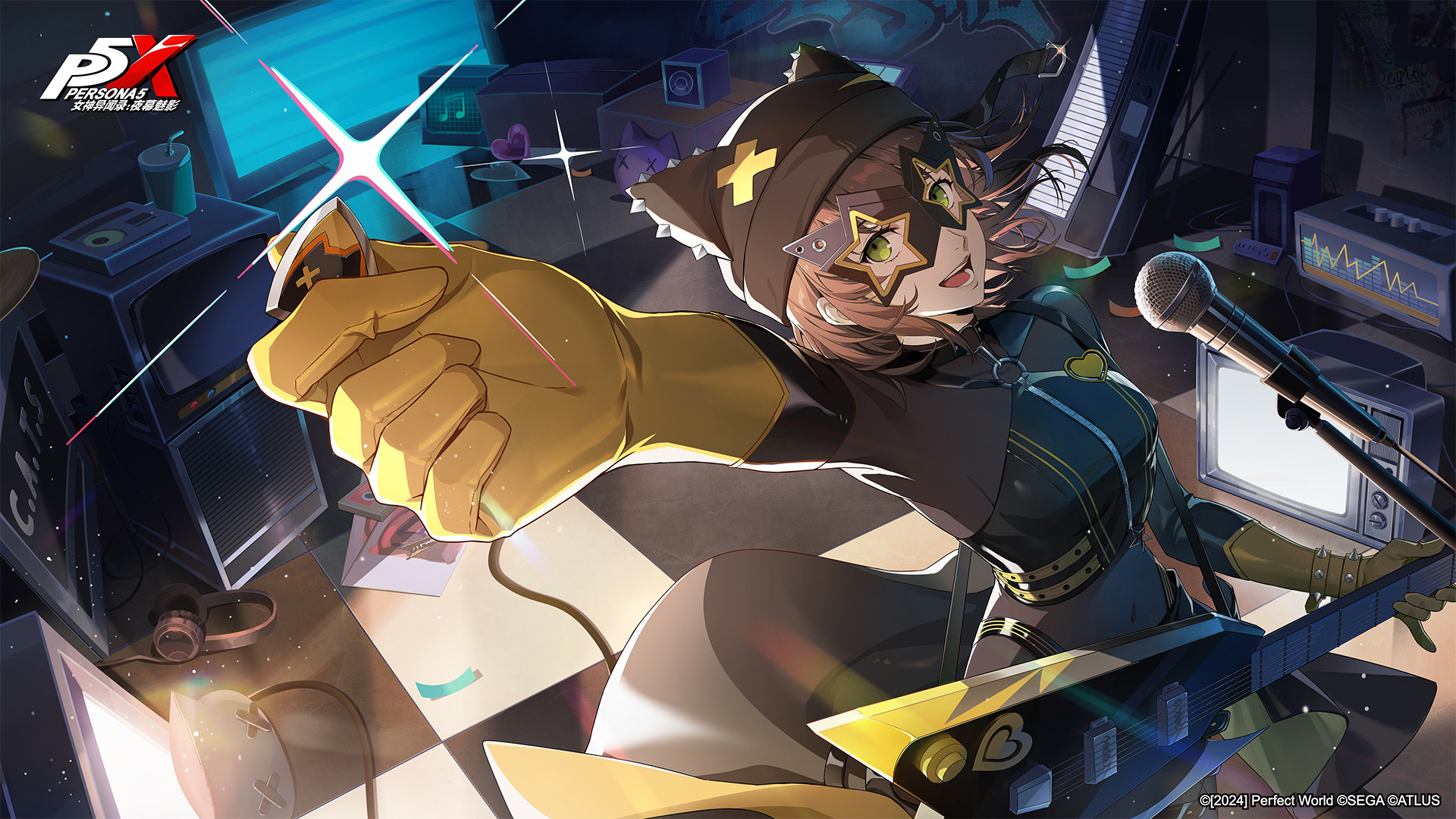 chord (p5x), sakai ayaka, persona, persona 5, persona 5: the phantom x, artist request, highres, official art, third-party source, 1girl, black hat, black mask, bodystocking, brown hair, copyright name, covered navel, electric guitar, floating hair, gloves, green eyes, guitar, hat, holding, holding guitar, holding instrument, instrument, long sleeves, looking at viewer, mask, microphone stand, open mouth, smile, solo, yellow gloves