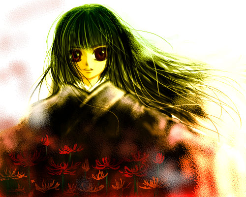 enma ai, jigoku shoujo, lowres, 00s, black hair, japanese clothes, kimono, red eyes