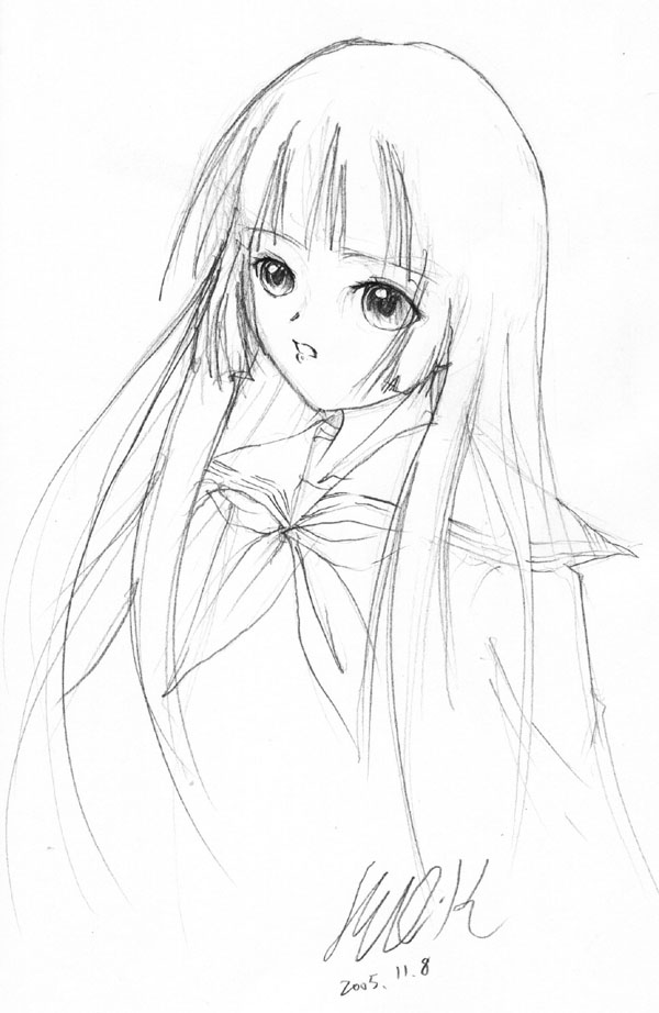 enma ai, jigoku shoujo, 00s, monochrome, school uniform, serafuku, sketch