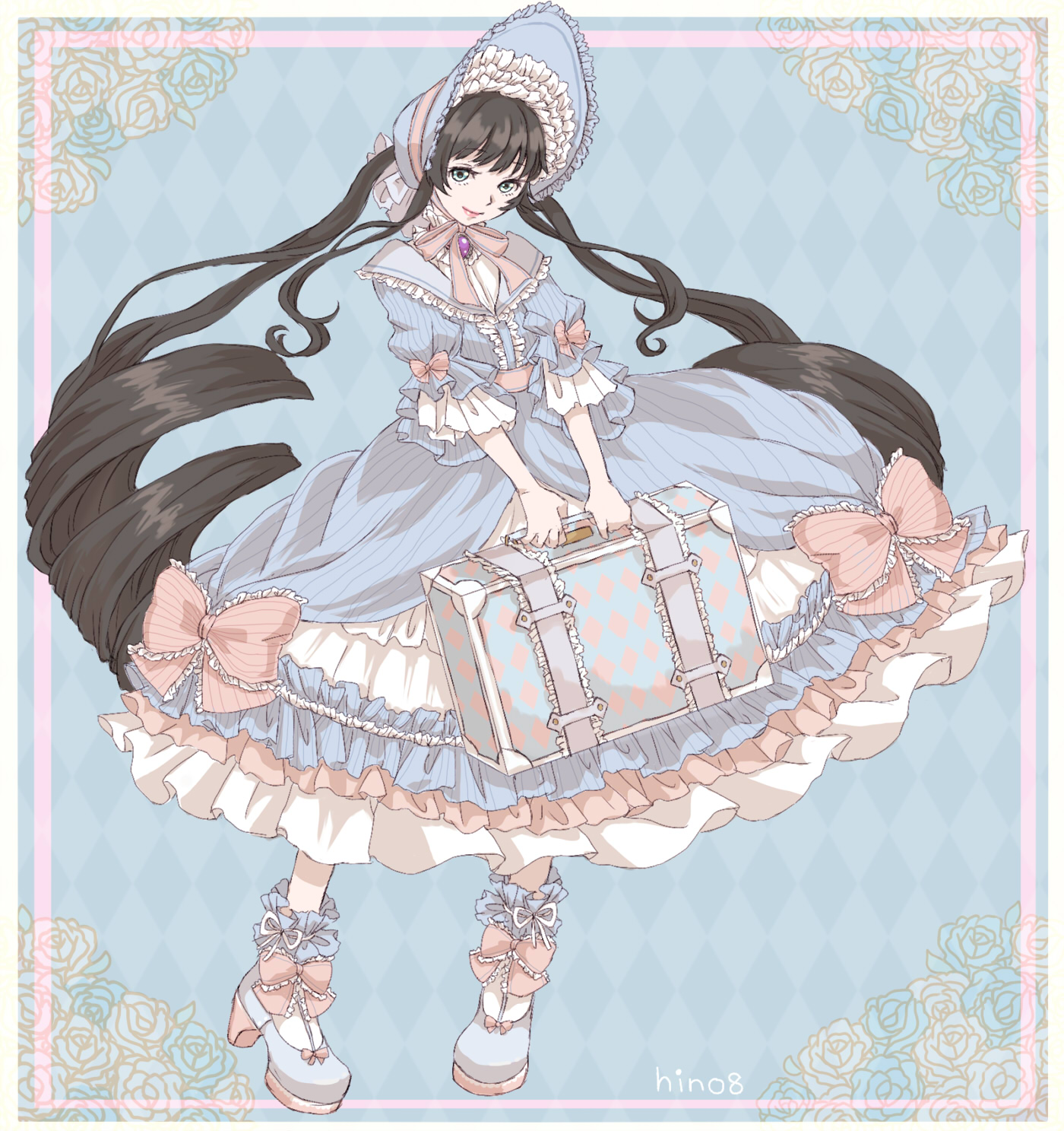hino (8), miracle nikki, nikki (series), commentary request, highres, partial commentary, 1girl, ankle bow, ankle ribbon, argyle background, black hair, black shoes, blue background, blue bonnet, blue dress, blue eyes, blue shoes, bonnet, border, bow, bowtie, brooch, classic lolita, closed mouth, dress, dress bow, drill hair, eyelashes, flower, frilled bow, frilled dress, frilled headwear, frilled sleeves, frilled socks, frills, full body, grey bow, hair through headwear, happy, high heels, holding, holding suitcase, jewelry, lipstick, lolita fashion, long dress, long hair, long sleeves, maiden's romance (miracle nikki), makeup, official alternate color, outside border, picture frame, pink bow, pink bowtie, pink lips, puffy long sleeves, puffy sleeves, pumps, purple brooch, ribbon, ribbon legwear, rose, shirt, shirt under dress, shoes, signature, sleeve bow, smile, socks, solo, striped bow, striped clothes, striped dress, suitcase, three-quarter sleeves, twin drills, twintails, vertical-striped clothes, vertical-striped dress, very long hair, white border, white ribbon, white shirt, white socks