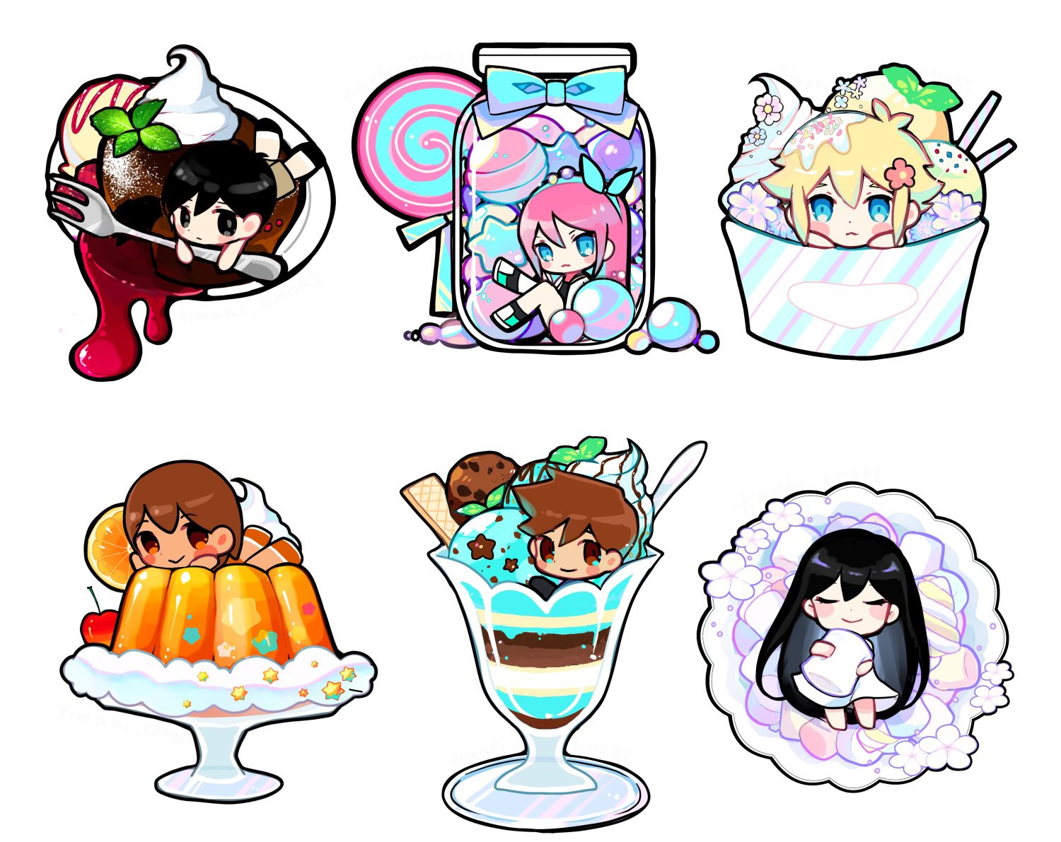 timaki, aubrey (faraway) (omori), aubrey (omori), basil (faraway) (omori), basil (omori), hero (faraway) (omori), hero (omori), kel (faraway) (omori), kel (omori), mari (omori), mari (spirit) (omori), sunny (omori), omori, commentary, english commentary, 2girls, 4boys, absurdly long hair, antenna hair, barefoot, black eyes, black hair, black shoes, blonde hair, blue bow, blue eyes, blue hairband, blush, bow, bow hairband, bright pupils, brother and sister, brothers, brown eyes, brown hair, brown shorts, candy, cherry, chibi, chibi only, chocolate, chocolate chip cookie, closed eyes, closed mouth, cookie, cup, dark-skinned male, dark skin, facing viewer, flower, food, food on hair, fork, frown, fruit, full body, gelatin, green shoes, grey pupils, hair behind ear, hair flower, hair ornament, hairband, hands on own cheeks, hands on own face, holding, holding food, holding fork, ice cream, in container, in cup, in jar, jacket, jam, jar, leaf, lollipop, long hair, looking at viewer, lying, marshmallow, mint chocolate, multiple boys, multiple girls, no sclera, on stomach, open clothes, open jacket, orange (fruit), orange shoes, orange slice, oversized fork, pink hair, plate, purple flower, red flower, shoes, short hair, shorts, siblings, simple background, sitting, smile, spoon, star-shaped chocolate, star (symbol), straight hair, sundae, swirl lollipop, u u, very long hair, very short hair, whipped cream, white background, white flower, white jacket