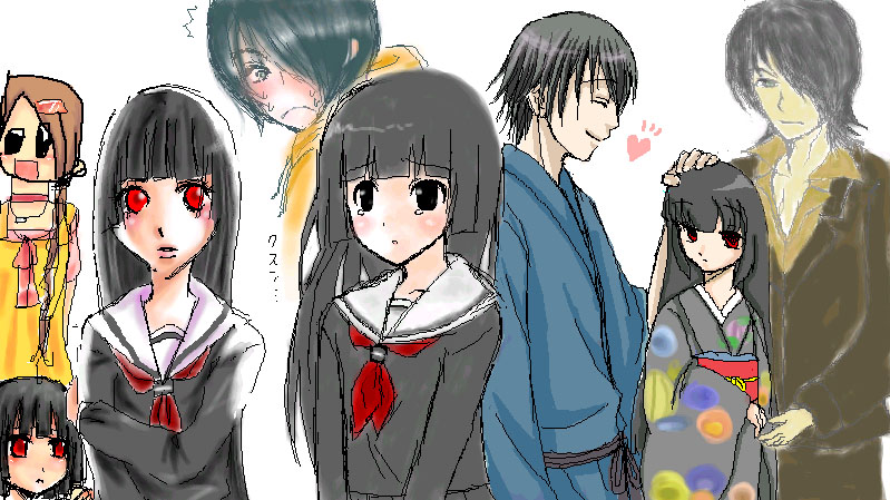 enma ai, ichimoku ren, jigoku shoujo, 00s, black hair, japanese clothes, kimono, red eyes, school uniform, serafuku
