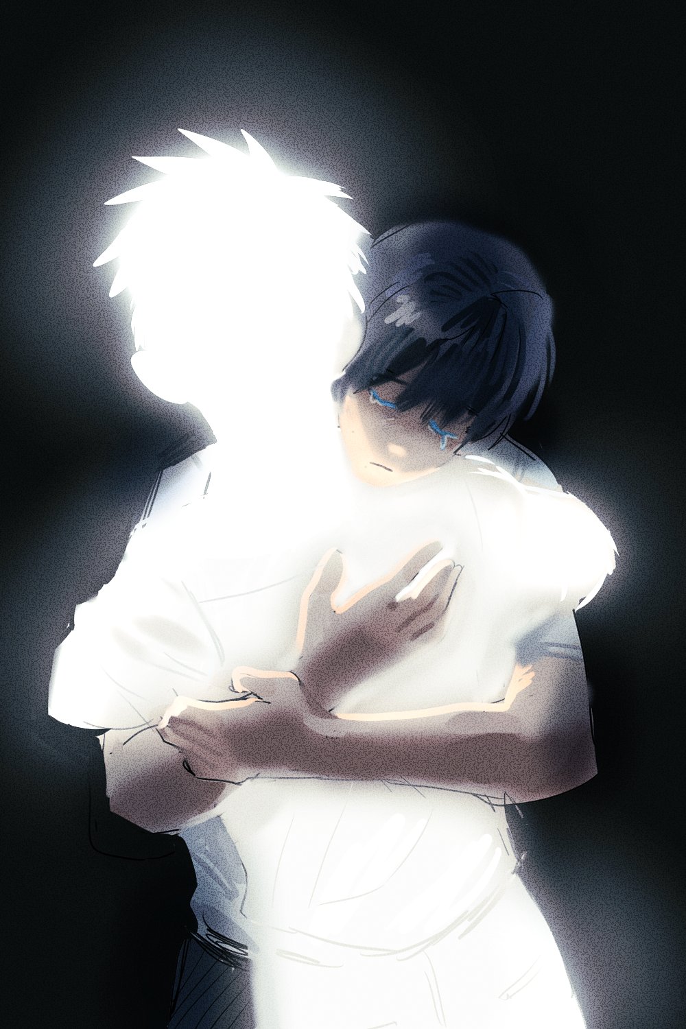 indou hikaru, tsujinaka yoshiki, hikaru ga shinda natsu, highres, 2boys, 2smmr, black hair, collared shirt, crying, glowing skin, hug, male focus, multiple boys, shirt, short hair, short sleeves, upper body, white hair, white shirt