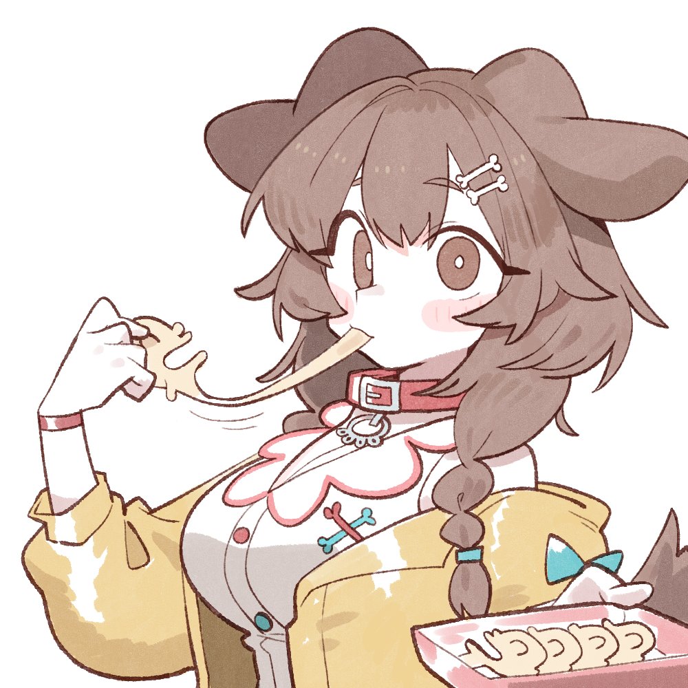 cocomayo29 (tomato), inugami korone, inugami korone (1st costume), listener (inugami korone), hololive, 1girl, animal collar, animal ears, bone hair ornament, bracelet, braid, breasts, brown eyes, brown hair, cartoon bone, cleavage, collar, dog ears, dog girl, dog tail, eating, hair ornament, jacket, jewelry, large breasts, long hair, red collar, shirt, solo, tail, twin braids, virtual youtuber, white shirt, yellow jacket