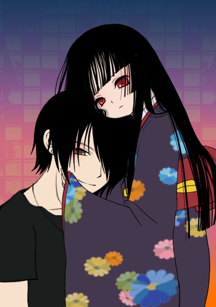 enma ai, ichimoku ren, jigoku shoujo, 00s, 1boy, 1girl, black hair, blunt bangs, couple, green eyes, hetero, hime cut, japanese clothes, kimono, long hair, red eyes, smile