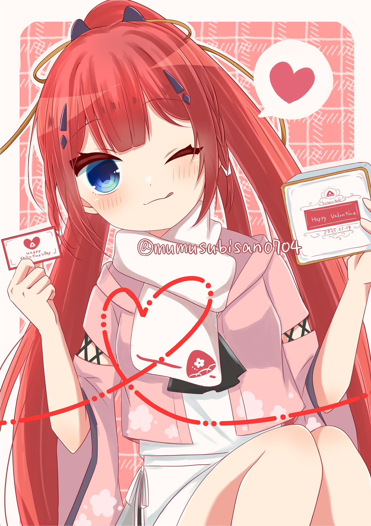 kamiyama shiki, summer pockets, commentary request, highres, 1girl, 2025, ;3, ;q, ascot, black ascot, blue eyes, blunt bangs, blush, border, braid, cherry blossom print, closed mouth, cowboy shot, dated, dual wielding, floral print, floral print kimono, food print, hair ornament, hairclip, hands up, happy valentine, heart, heart of string, holding, holding paper, japanese clothes, kimono, knees up, long hair, looking at viewer, miniskirt, mumusubisan0704, one eye closed, onigiri print, open clothes, open kimono, outline, outside border, paper, pink background, pink kimono, ponytail, print kimono, print scarf, red hair, scarf, school uniform, shirt, sidelocks, simple background, sitting, skirt, smile, solo, speech bubble, split ponytail, spoken heart, straight hair, summer pockets school uniform, tassel, tassel hair ornament, tongue, tongue out, twin braids, twitter username, valentine, very long hair, white border, white outline, white scarf, white shirt, white skirt