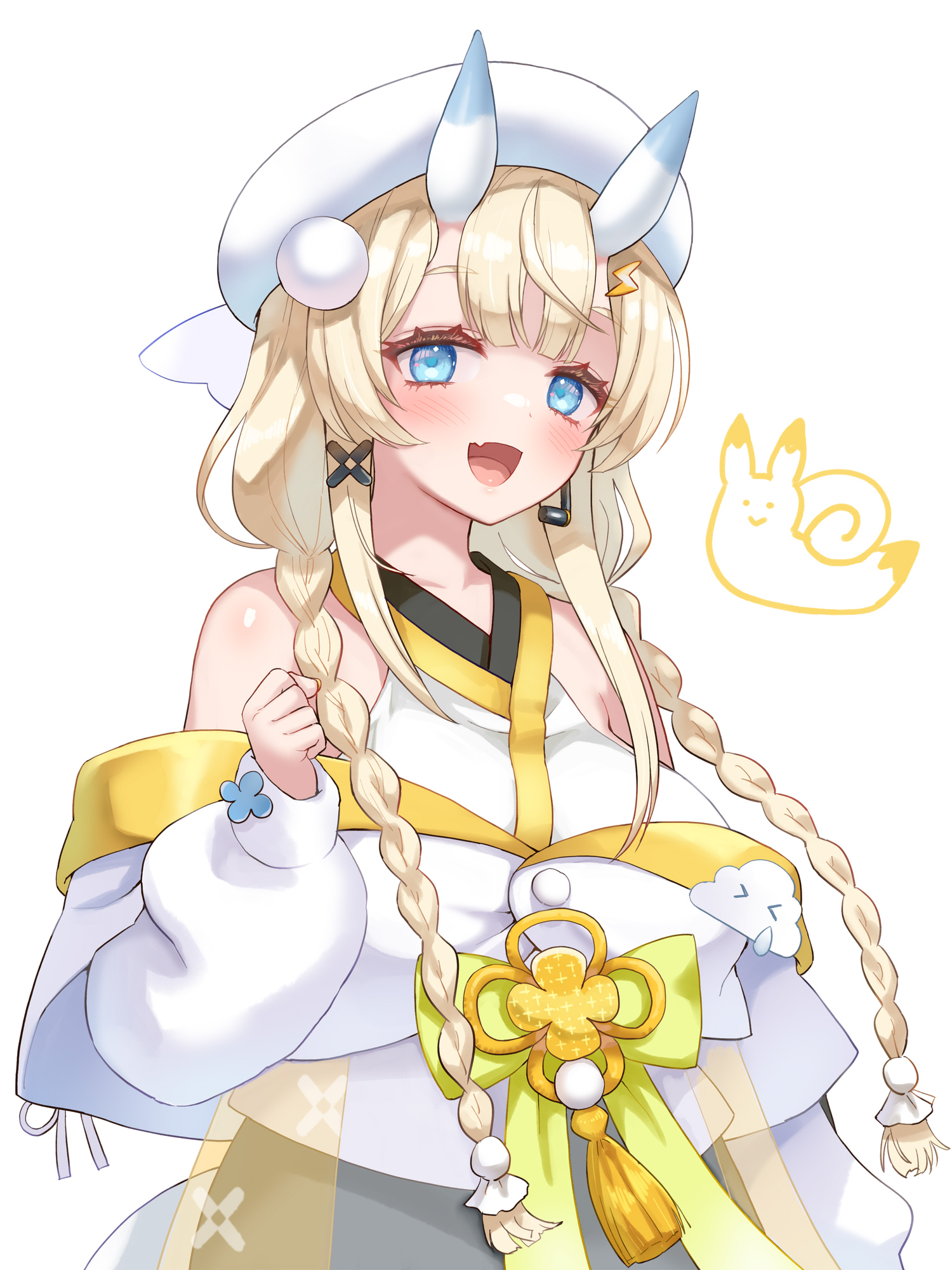 natuanmitu, kadou mikaru, nijisanji, highres, 1girl, :d, bare shoulders, black skirt, blonde hair, blue eyes, blue horns, blush, braid, breasts, coat, cowboy shot, fang, flower knot, hair ornament, hair over shoulder, hakama, hakama skirt, hat, headset, horns, japanese clothes, kimono, large breasts, layered sleeves, lightning bolt, lightning bolt hair ornament, lightning bolt symbol, long sleeves, looking at viewer, low twin braids, multicolored horns, off-shoulder coat, off shoulder, open mouth, pom pom (clothes), pom pom hair ornament, puffy long sleeves, puffy sleeves, ribbon, see-through clothes, short over long sleeves, short sleeves, sidelocks, simple background, skin fang, skirt, smile, snail, solo, standing, teruterubouzu, twin braids, two-tone horns, virtual youtuber, white background, white coat, white hat, white horns, white kimono, x hair ornament, yellow ribbon, yellow trim