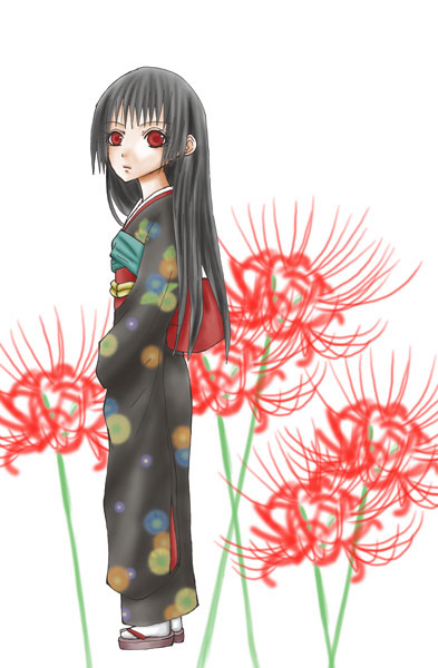 enma ai, jigoku shoujo, 00s, black hair, japanese clothes, kimono, red eyes