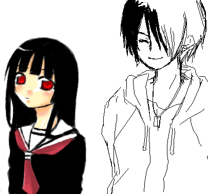 enma ai, ichimoku ren, jigoku shoujo, lowres, 00s, black hair, red eyes, school uniform, serafuku