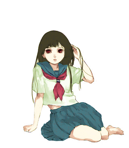 enma ai, jigoku shoujo, 00s, black hair, red eyes, school uniform, serafuku
