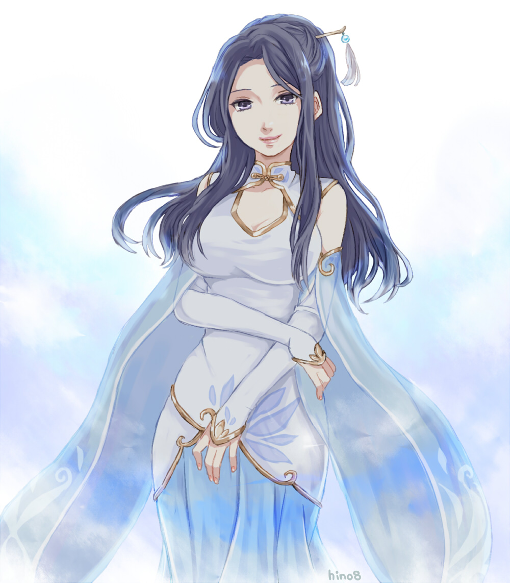 hino (8), miracle nikki, nikki (series), commentary, 1girl, bare shoulders, black hair, blue background, blue cape, blue skirt, breasts, bridal gauntlets, cape, china dress, chinese clothes, chinese hairpin, cleavage, cleavage cutout, closed mouth, clothing cutout, collared dress, dress, eyelashes, feet out of frame, fingernails, floral print, flower, gradient background, grey eyes, happy, holding own arm, impossible clothes, large breasts, lipstick, lotus, lunar (miracle nikki), makeup, pink lips, pleated skirt, ponytail, short ponytail, sidelocks, signature, skirt, smile, solo, white background, white bridal gauntlets, white dress