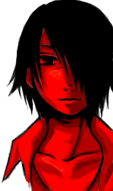 ichimoku ren, jigoku shoujo, lowres, 00s, 1boy, black hair, hair over one eye, looking at viewer, male focus, monochrome, red theme, simple background, solo, upper body