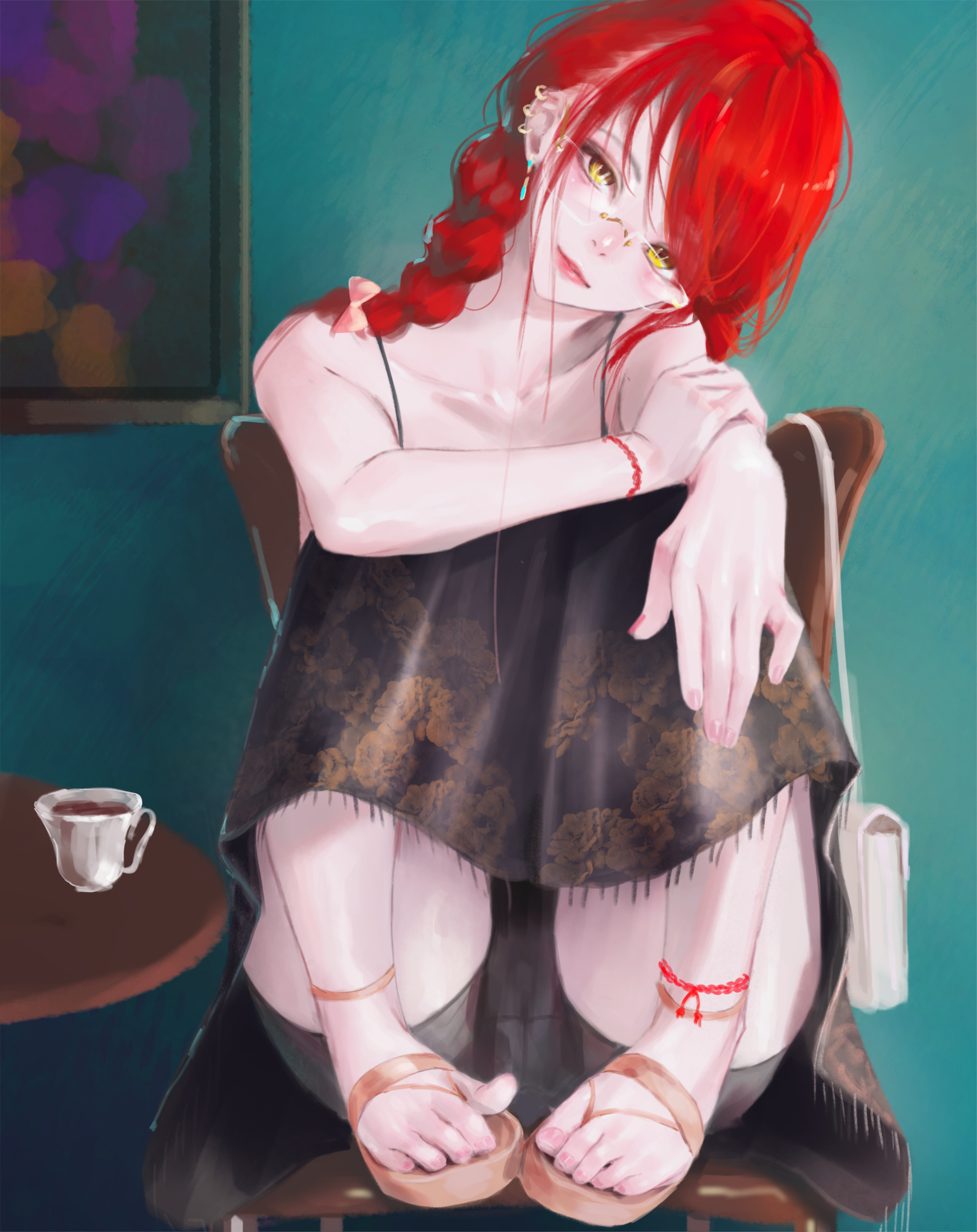 nekobell, makima (chainsaw man), chainsaw man, absurdres, commentary request, highres, 1girl, black dress, black shorts, braid, closed mouth, cup, dress, drink, ear piercing, glasses, head tilt, knees up, long hair, looking at viewer, piercing, red hair, sandals, shorts, single braid, sitting, solo, table, tea, teacup, toes, yellow eyes