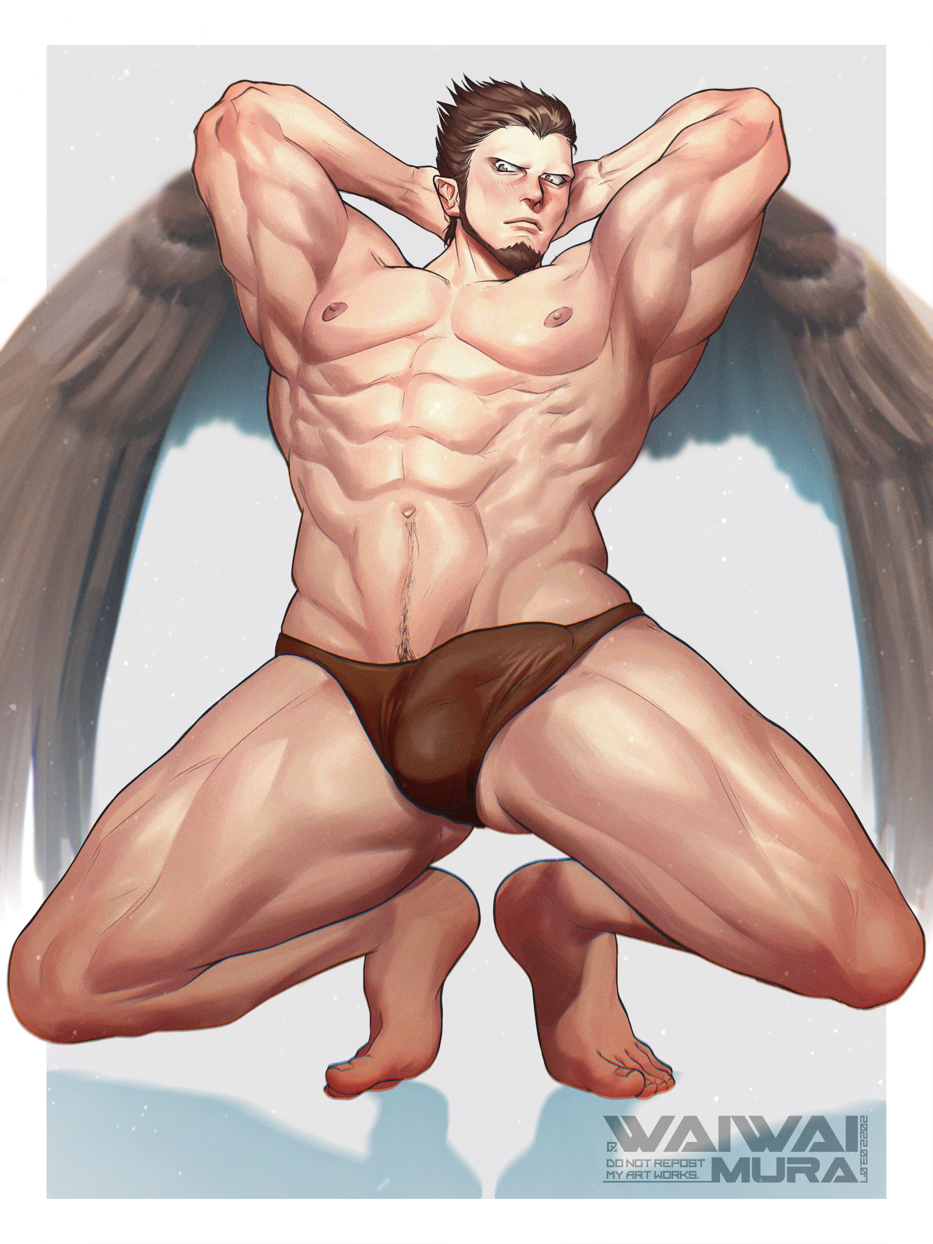 waiwai mura, ulki (fire emblem), fire emblem, fire emblem: path of radiance, nintendo, absurdres, commentary request, highres, 1boy, abs, arms behind head, artist name, bara, barefoot, beard, brown eyes, brown hair, brown male underwear, chinstrap beard, covered penis, facial hair, feathered wings, male focus, male underwear, muscular, muscular male, navel, navel hair, nipples, pectorals, pointy ears, short hair, solo, topless male, underwear, underwear only, wings
