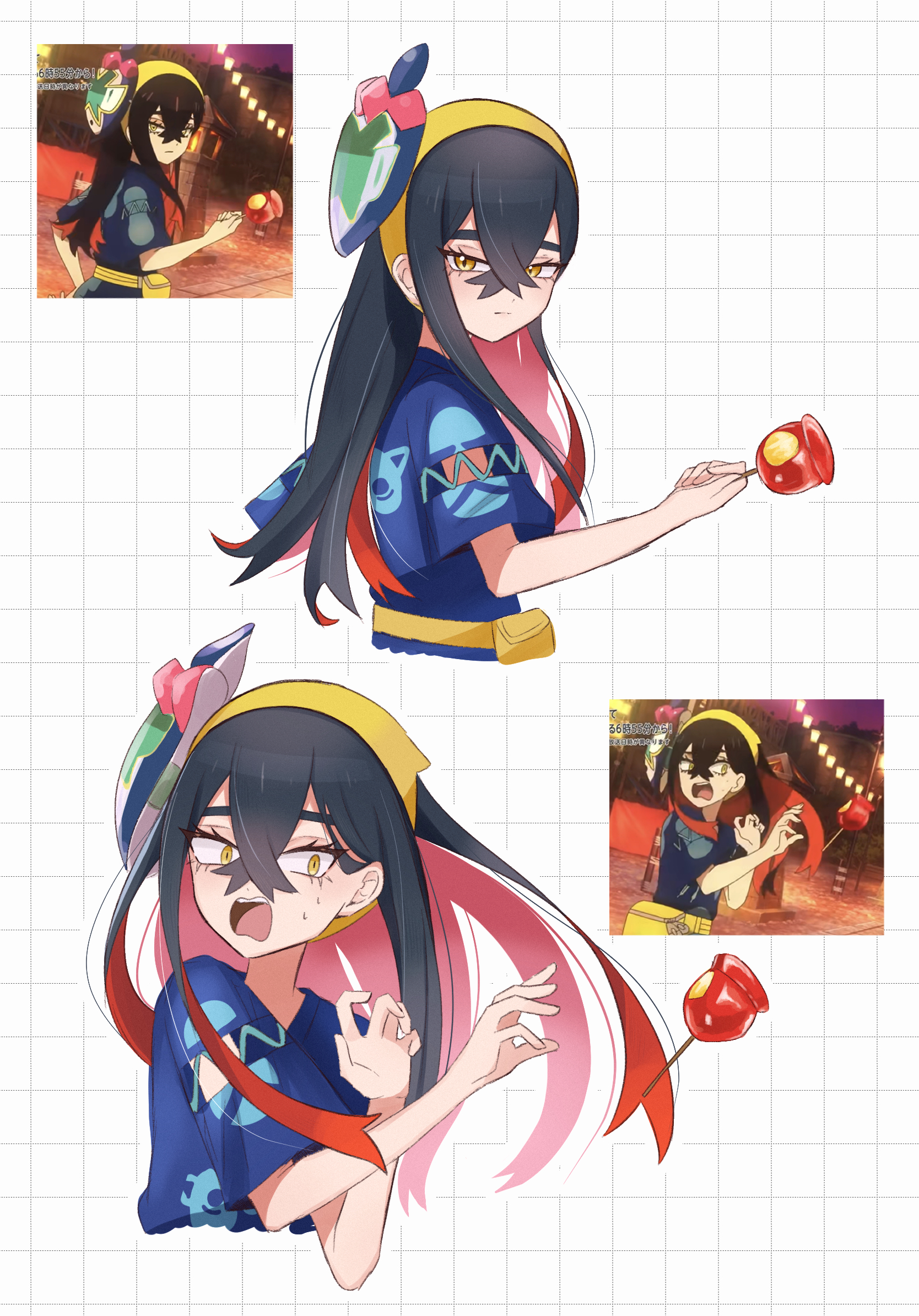 hasu 175, carmine (pokemon), nintendo, pokemon, pokemon (anime), pokemon horizons, anime screenshot, commentary request, derivative work, highres, screenshot redraw, 1girl, black hair, candy apple, colored inner hair, crossed bangs, expressionless, eyelashes, food, hair between eyes, hairband, holding, holding candy apple, holding food, long hair, mole, mole under eye, multicolored hair, open mouth, red hair, short sleeves, surprised, teeth, two-tone hair, upper teeth only, yellow eyes, yellow hairband