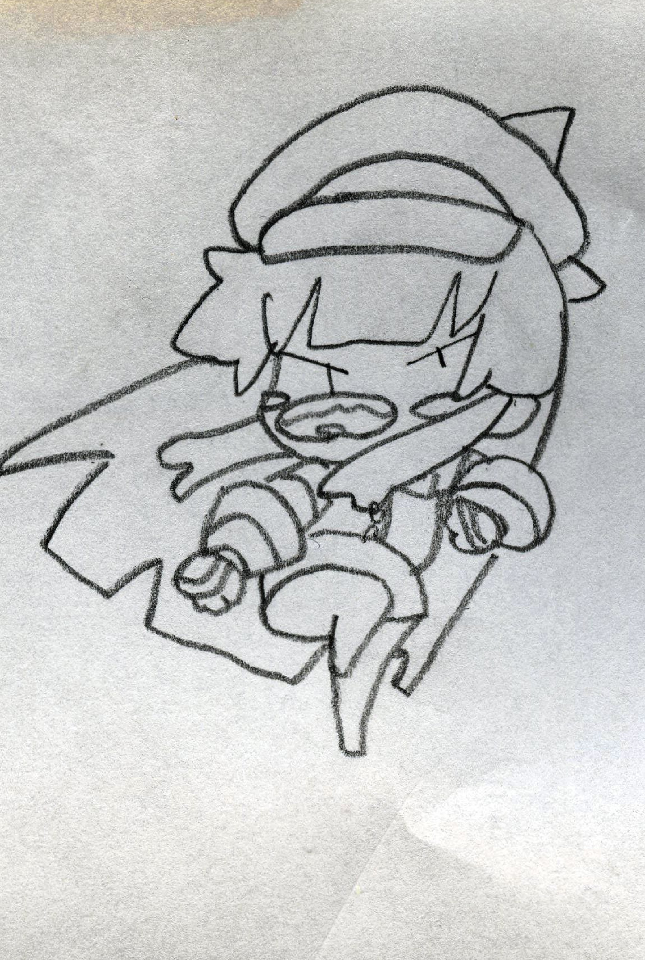 nakoruru, samurai spirits, snk, the king of fighters, highres, traditional media, 1girl, alternate costume, artist name, black hair, chibi, fingerless gloves, food, gloves, hair ribbon, leg lift, leg up, legs, long hair, looking at viewer, monochrome, mouth hold, pantyhose, ribbon, thighs