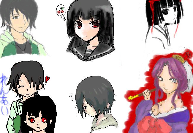 enma ai, hone onna, ichimoku ren, jigoku shoujo, 00s, black hair, japanese clothes, kimono, red eyes, school uniform, serafuku